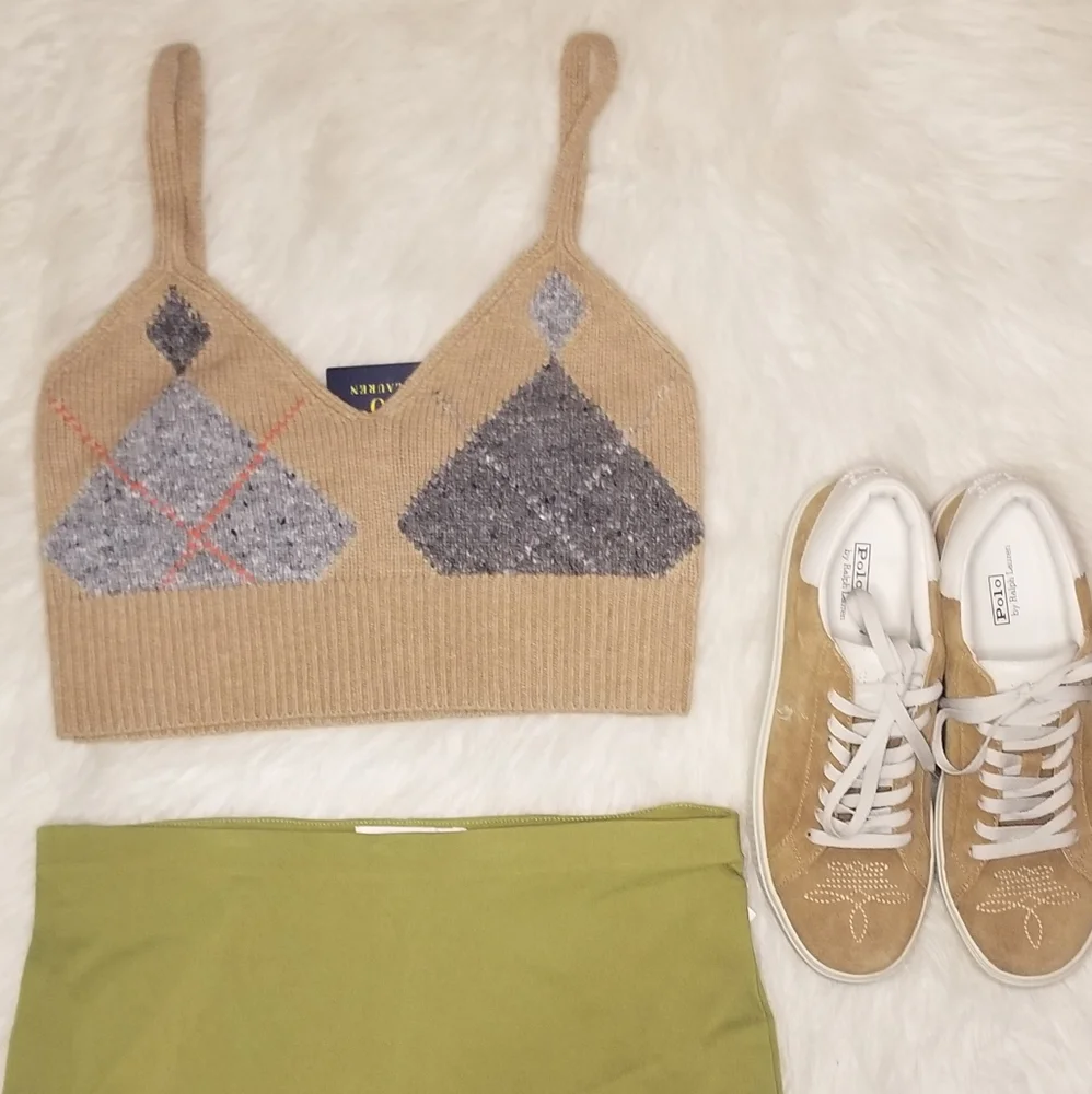 POLO RALPH LAUREN Argyle Knit Cashmere Wool Crop Ekose Camel Brown Top - Picture 5 of 11